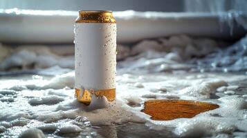 A beverage can stands proudly in a bubbly bath, glistening with droplets of water photo