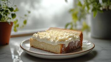 A delightful cake slice adorned with whipped cream and chocolate sits amidst greenery photo
