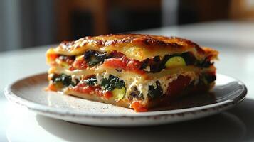 A delicious slice of veggie lasagna, filled with fresh ingredients and baked perfectly photo