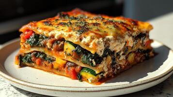 Enjoy a hearty slice of vibrant vegetable lasagna showcasing fresh ingredients photo