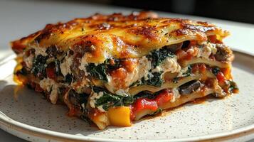 A mouthwatering vegetable lasagna slice showcasing vibrant layers and melted cheese photo