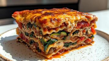 A vibrant, stacked lasagna filled with vegetables captures the warmth of home cooking photo