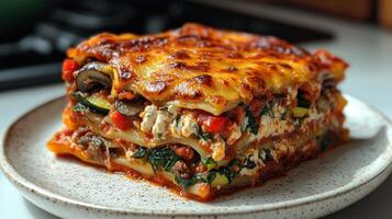 This hearty lasagna has layers of pasta, cheese, and baked vegetables photo