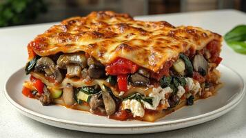 A hearty vegetarian lasagna filled with fresh vegetables and melted cheese photo