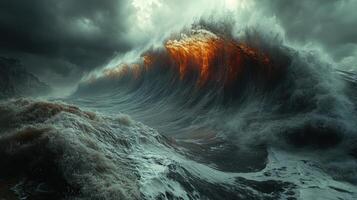 Majestic waves crash with fiery hues, surrounded by dark, tumultuous clouds photo