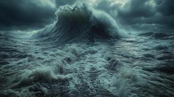 A magnificent wave rises dramatically, showcasing nature's power amidst darkening skies photo