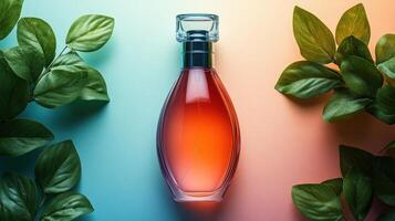 A stunning fragrance bottle rests among fresh, vibrant greenery under soft light photo