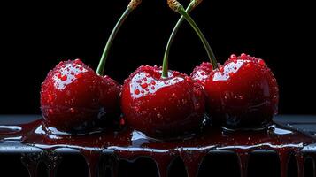 Three glossy cherries coated in rich chocolate syrup, sparkling with moisture and allure photo