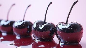 Lustrous cherries arranged in a line sparkle against a soft pink background photo