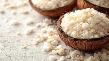Delicious sea salt scattered and elegantly displayed in coconut shell bowls photo