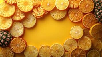 Brightly colored citrus fruits and a pineapple create a joyful summer display on yellow photo