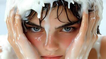 A person enjoys soapy hair in a tranquil setting, embracing self-care photo