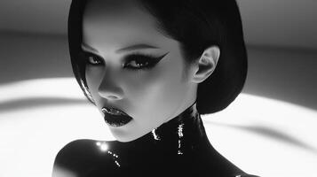 The model exudes confidence with bold makeup and an artistic light backdrop photo