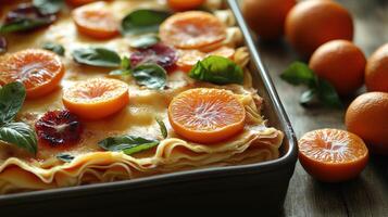Lasagna layered with citrus slices and basil beside fresh oranges on a wooden table photo