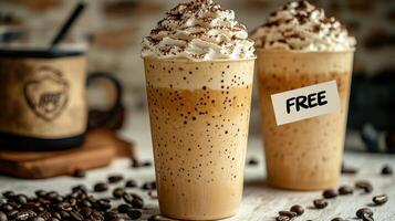 Two enticing coffee beverages adorned with whipped cream and chocolate sprinkles photo