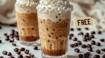 Enjoying refreshing iced coffee with whipped cream and chocolate, a summer delight photo