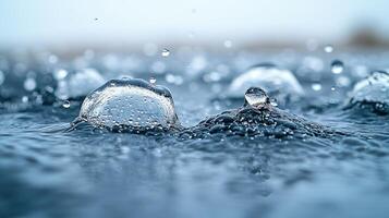 Droplets dance and create ripples on the tranquil water's surface at dawn photo