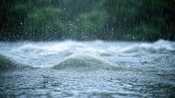 Gentle raindrops create ripples across the calm water under a fading light photo