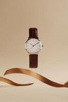 Presenting a breathtaking gold luxury watch featuring an exquisite white dial, which is ideal for use in branding initiatives or promotional activities, ensuring maximum appeal and visibility photo