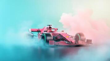 A highspeed Formula 1 race car skillfully maneuvering through a dynamic and vibrant backdrop filled with smoke, showcases its immense power and precision within the exhilarating world of motorsport photo