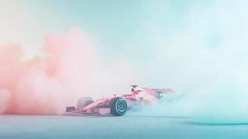 A vibrant and exhilarating scene that captures a highspeed Formula 1 race car in rapid motion, enveloped in an array of colorful smoke, showcasing the incredible speed and immense power it possesses photo