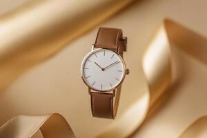 This sophisticated gold watch features a striking white dial and elegant brown strap, set against a warm beige backdrop with decorative ribbons, making it ideal for luxury fashion lovers photo