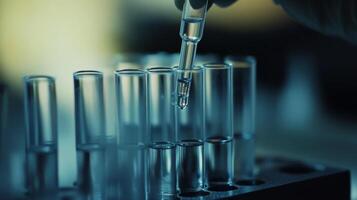 Here we see a closeup view of a detailoriented lab technician meticulously handling a test tube, showcasing the precision and care taken in biotechnology research and experimentation processes photo
