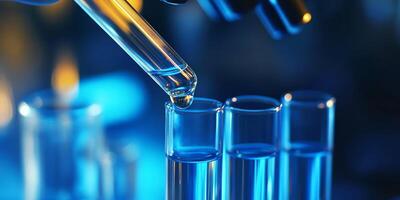 In a hightech lab, a skilled technician uses a precision pipette to transfer samples into test tubes, demonstrating the latest advancements in biotechnology research and innovation photo