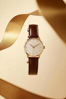 Discover timeless elegance with this stunning gold luxury watch that features a classic white dial and a stylish brown leather strap, making it perfect for any occasion or event you may attend photo