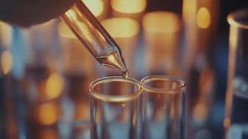A closeup view of a lab technician handling a test tube, highlighting the intricate processes involved in biotechnology research photo
