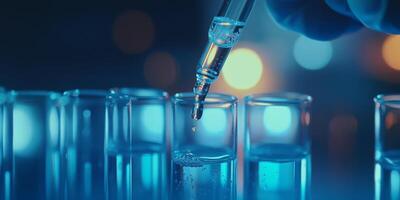 A highly detailed closeup view captures a skilled lab technician as they diligently conduct precise biotechnology research, utilizing various test tubes and pipettes in their meticulous work photo