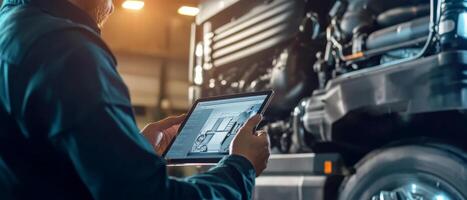 An experienced mechanic uses a stateoftheart tablet to accurately diagnose a complex diesel engine in a large truck, showcasing modern techniques in automotive repair and service photo