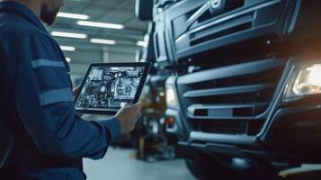 A skilled mechanic uses an advanced tablet to diagnose complex diesel engine issues in heavyduty trucks, highlighting significant advancements in automotive repair technology today photo