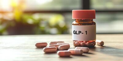A small vial labeled GLP1, which symbolizes groundbreaking and innovative treatment options available for effectively managing various health conditions like obesity and diabetes in patients photo