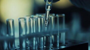 A lab technician skillfully handles a test tube, demonstrating the precision required in biotechnology research, which involves detailed analysis and innovative techniques for reliable results photo