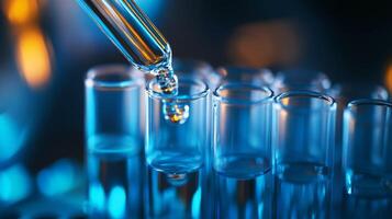 In this image, a skilled lab technician is carefully handling an array of test tubes containing various precision samples, which serves to illustrate the advanced procedures utilized in biotechnology photo