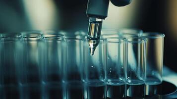 The image shows a skilled lab technician conducting complex biotechnology research, handling samples in test tubes in a modern lab, highlighting their expertise in scientific methods and experiments photo