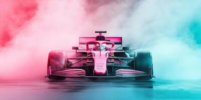A visually stunning Formula 1 race car, illuminated by a spectrum of vibrant colors, vividly highlights unmatched speed and advanced technology that define the competitive world of motorsport photo