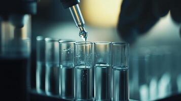 A highly skilled laboratory technician is depicted meticulously managing an array of test tubes, which symbolizes the forefront of research and innovation taking place in the field of biotechnology photo