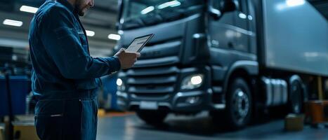 In a modern garage equipped with advanced tools, a skilled mechanic uses a tablet to diagnose complex issues in a diesel engine of a heavyduty truck, ensuring optimal performance and safety photo