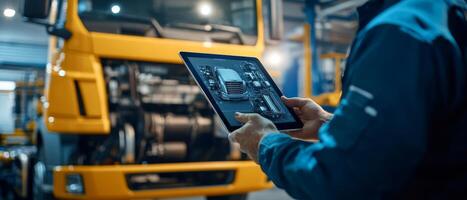 A skilled mechanic uses a tablet to diagnose complex issues in a diesel engine of a large truck, showcasing advancements in auto repair technology that have transformed modern garages photo