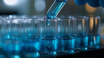 A lab technician uses a precision pipette to transfer a vibrant blue liquid into test tubes, showcasing advancements in biotechnology that are shaping the future of science and healthcare photo