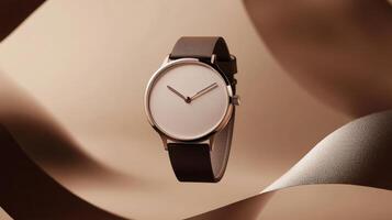 Discover the stunning beauty of this luxurious gold watch that features an elegant white dial, elegantly set against a stylish and sophisticated beige backdrop adorned with artistic ribbons photo