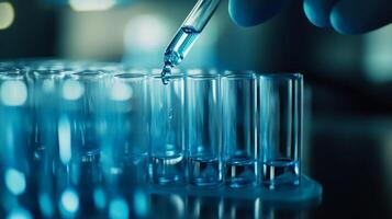 A skilled lab technician meticulously adds a precision sample to a group of test tubes, exemplifying the latest advancements in biotechnology research and innovative scientific techniques photo