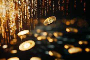 A striking image of shiny gold coins cascading down against a backdrop of intricate binary code, illustrating the concepts of cryptocurrency and digital currency in todays economy photo