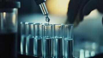 A skilled laboratory technician conducts intricate biotechnology research, managing various test tube samples for thorough analysis and innovative experiments performed in the lab photo