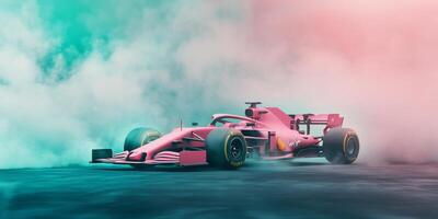 A dynamic and powerful Formula 1 car races swiftly through thick clouds of smoke, showcasing immense power and unmatched speed, embodying the competitive spirit of the exhilarating motorsport world photo