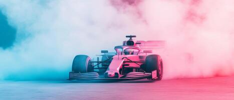 A dynamic Formula 1 race car accelerates at top speeds through colorful smoke, showcasing the excitement of racing and cuttingedge technology that captivates enthusiasts and spectators photo