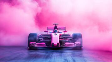 A stunning Formula 1 car races down the track, showcasing its speed and power as vibrant smoke billows around it, capturing the fierce competition and excitement that defines motorsport photo