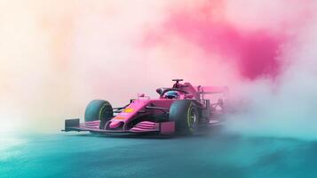 A stunning and vibrant Formula 1 race car commands attention as it takes center stage, showcasing incredible speed and immense power amidst vibrant and colorful smoke on the thrilling racing circuit photo